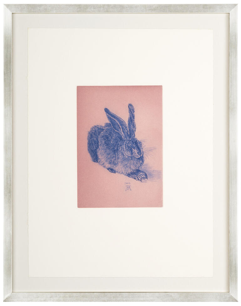 Hase in rosa Ton, gerahmt und auf einem hellen Hintergrund.