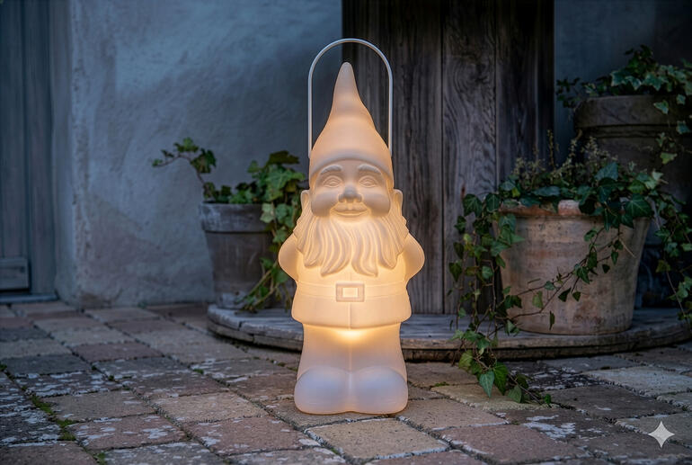 LED-Gartenzwerg mit sanftem Licht, platziert auf einem Ziegelsteinboden neben Pflanzentöpfen.