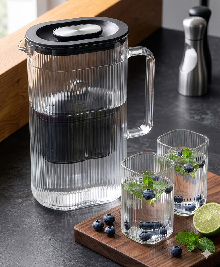 Wasserfilter-Karaffe mit zusätzlichem Glas und frischen Kräutern.