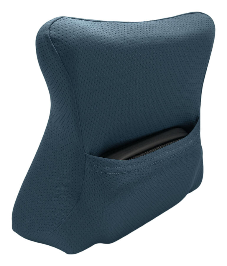 Blaues Reise-Rückenkissen mit ergonomischer Form und Rückentasche.