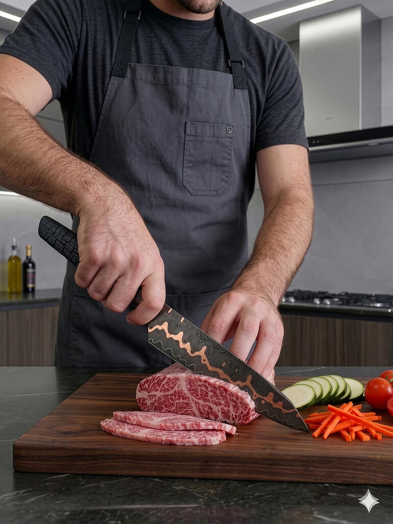 Mann schneidet Fleisch mit einem hochwertigen Messer in einer modernen Küche