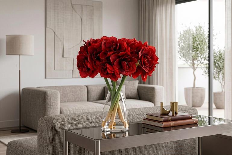 Fülliger Amaryllisstrauß in einer Vase auf einem Glastisch mit Sofa im Hintergrund.