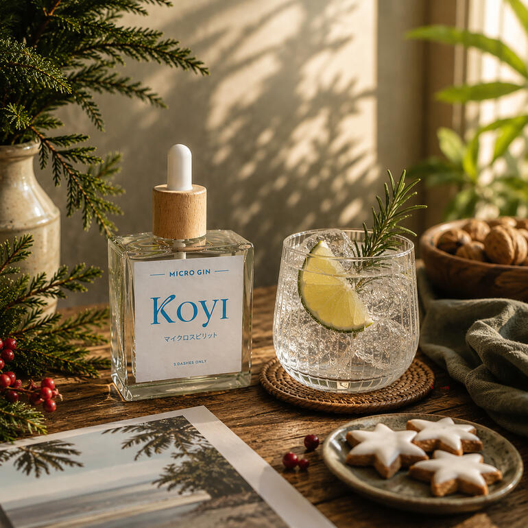 Koyi Micro-Gin-Flasche mit Limettenscheibe und frischem Rosmarin auf einem Tisch.