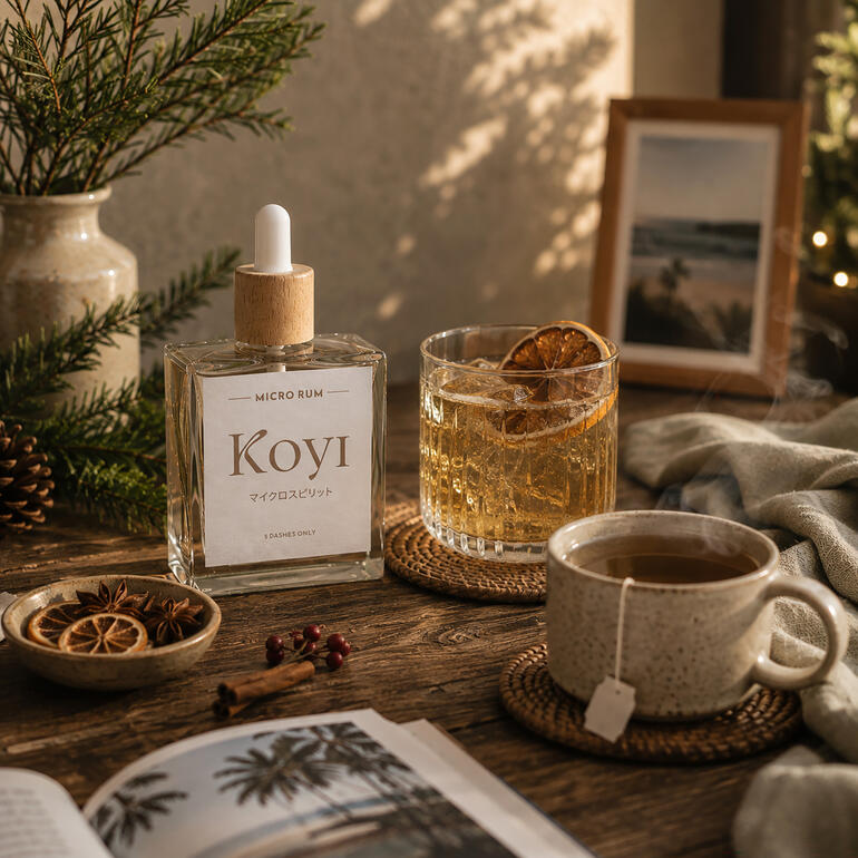 Koyi Micro-Rum-Flasche neben einem Cocktail in einem rustikalen Setting.