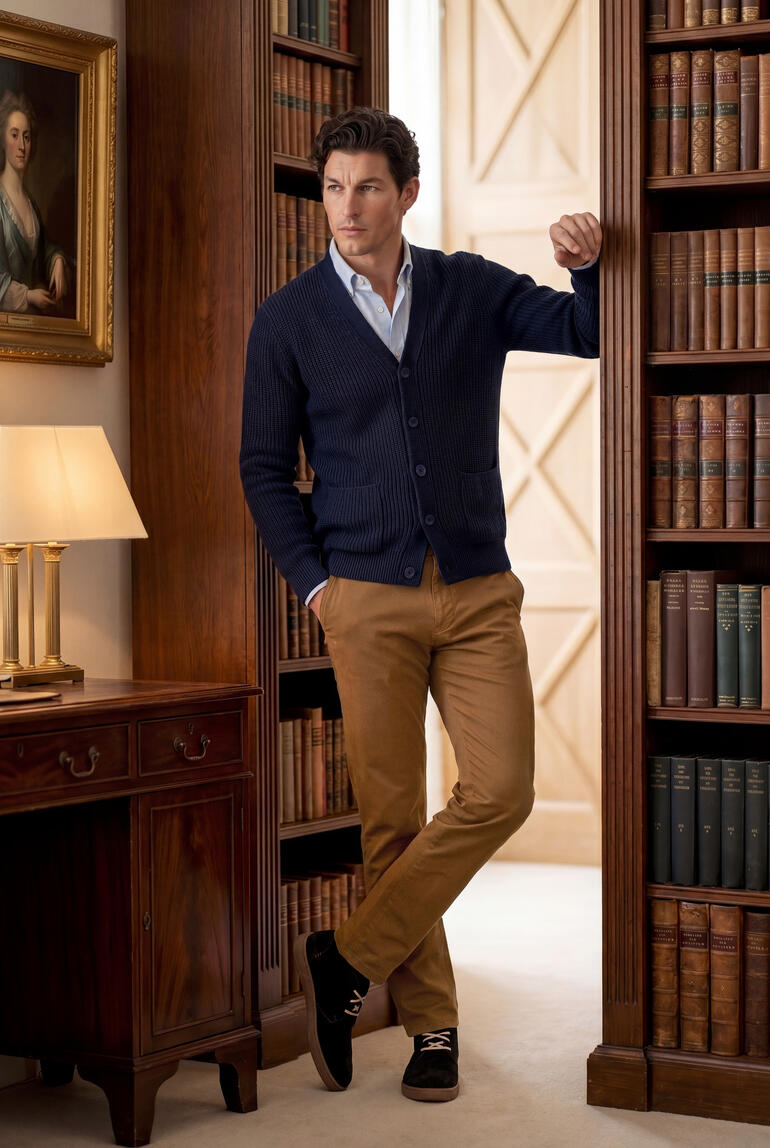 Mann in Junghans 1954 Kaschmir-Leinen-Cardigan in einer Bibliothek