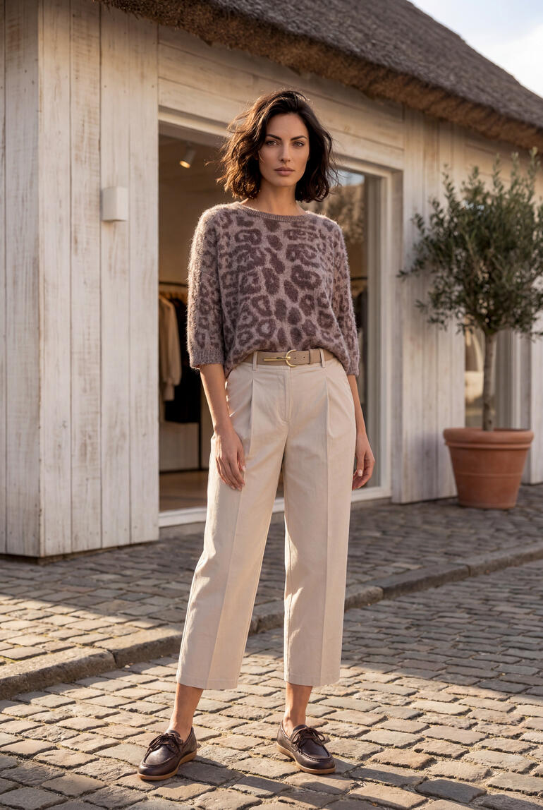 Frau im Brushed-Cashmere-Pullover lehnt an einer Wand
