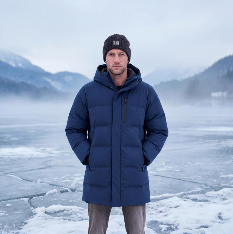 Mann trägt Tretorn Herren-Puffer-Parka auf einer gefrorenen Oberfläche.