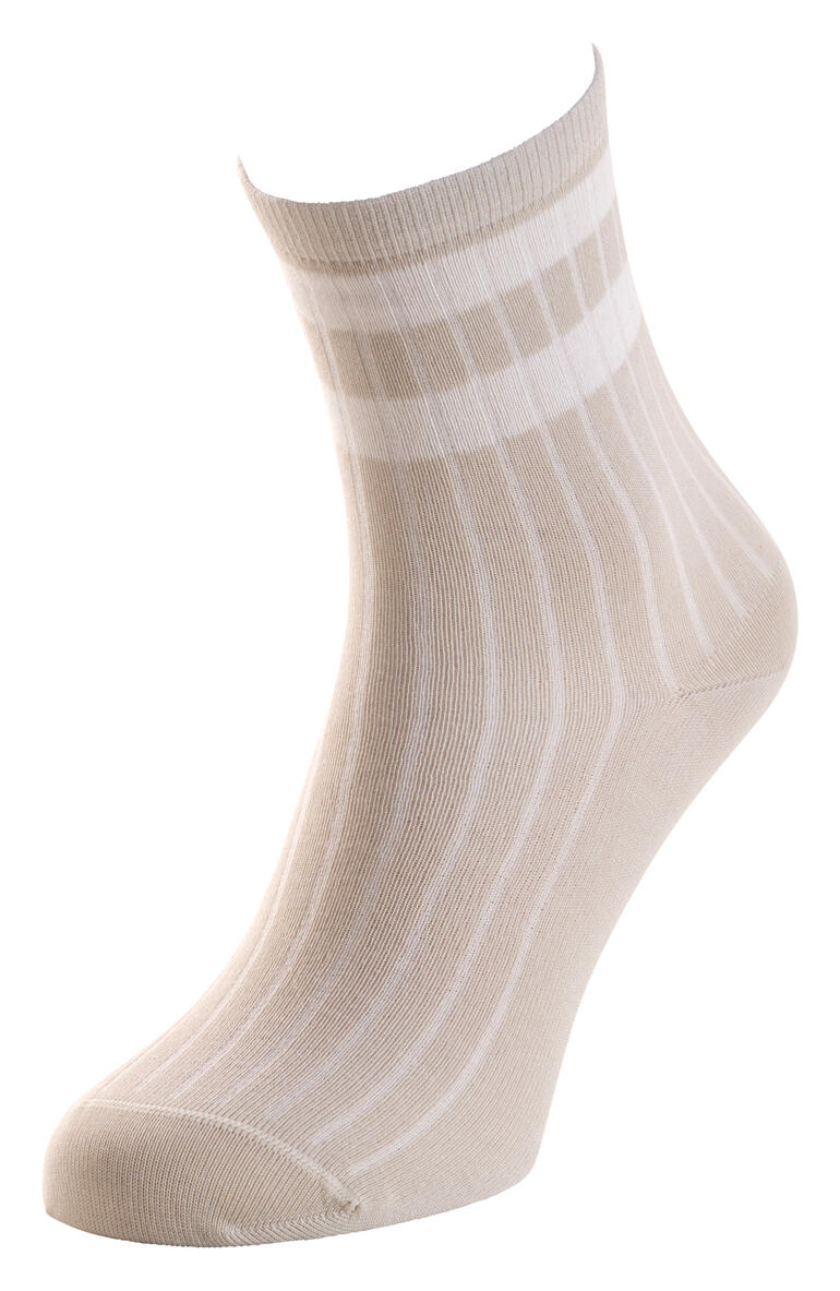 Beige-weiße Streifen-Socke in aufrechter Position.