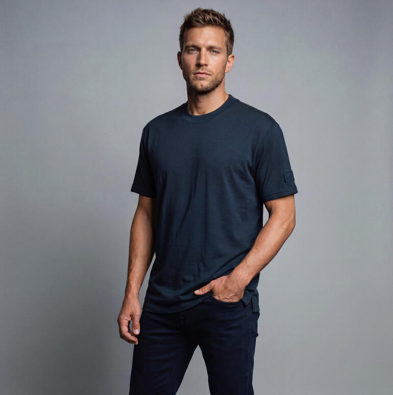 Mann trägt ein navy T-Shirt in schlichtem Design