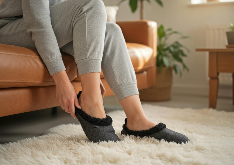 Person zieht einen gefütterten Hausschuh an, sitzend auf einem Sofa.