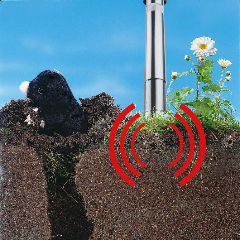 Vibrasonic-Molechaser Molechaser im Boden mit einem Maulwurf im Hintergrund.