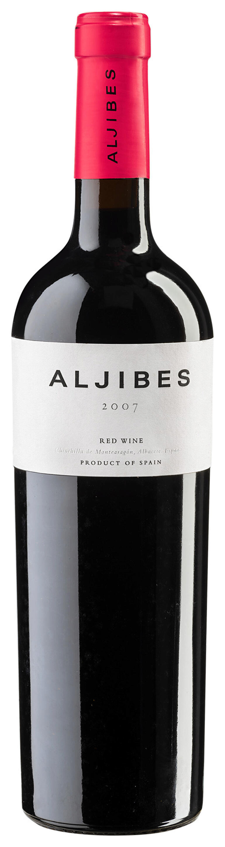 Rotweinflasche mit Etikett 'Aljibes 2007', schwarzer Deckel und rotem Verschluss.