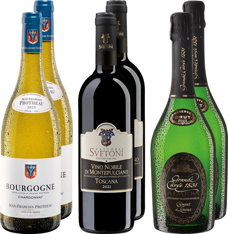 Weinpaket mit drei Flaschen: zwei Weißweine und ein Rosé auf einem weißen Hintergrund.