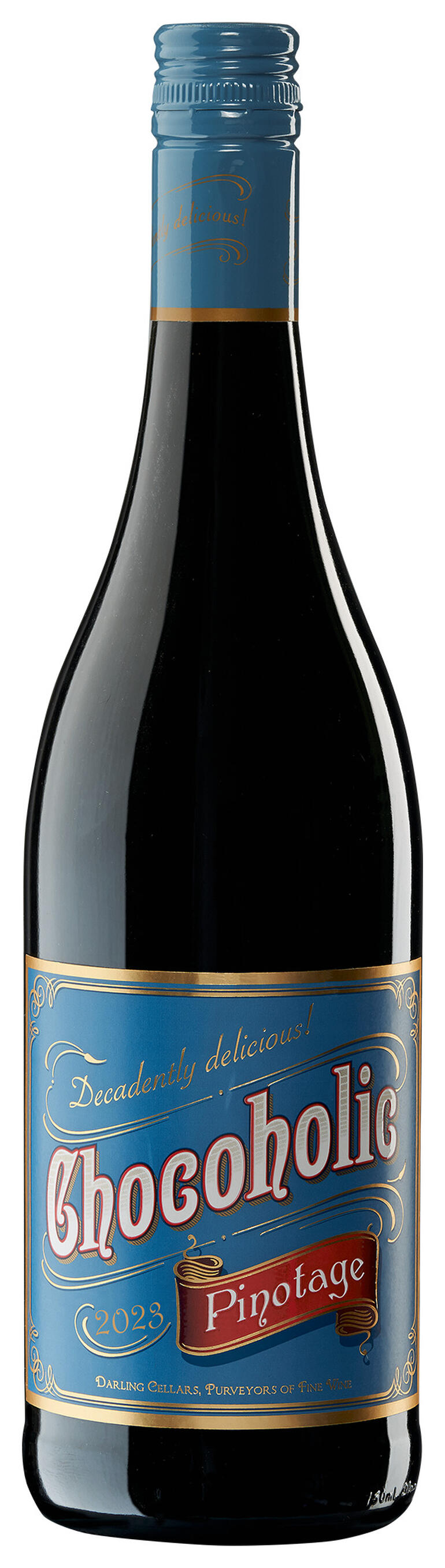 Chocoholic Pinotage 2023, Darling Cellars, Coastal Region, Südafrika - Moderne Weinmacher-Kunst par excellence. Flasche Chocoholic Pinotage 2023 mit bunter, verspielter Etikettierung