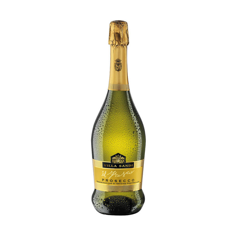 Flasche Prosecco „il Fresco“ mit sprudelndem Inhalt und ansprechendem Design.